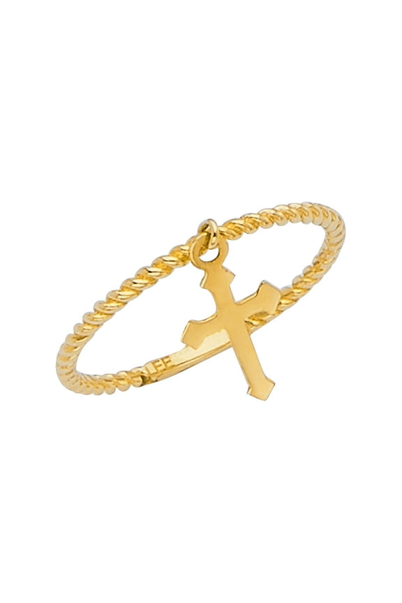 -14K Solid Yellow Gold Braided or Twisted Rope with Hanging Cross Charm Stackable Band Ring - size 7.5