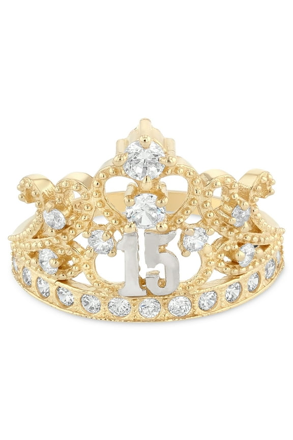 - 14K Solid Yellow Gold CZ 15 Years Quinceanera Birthday Crown Ring - Size 7.5