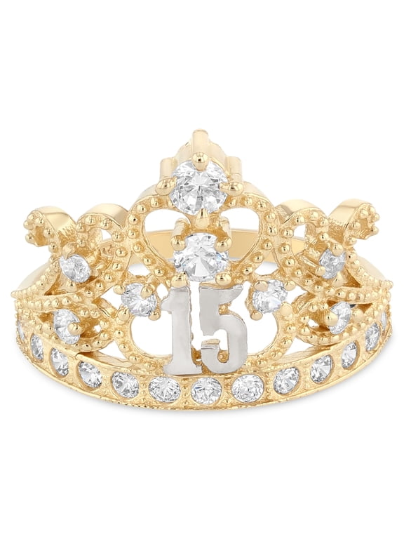 - 14K Solid Yellow Gold CZ 15 Years Quinceanera Birthday Crown Ring - Size 8