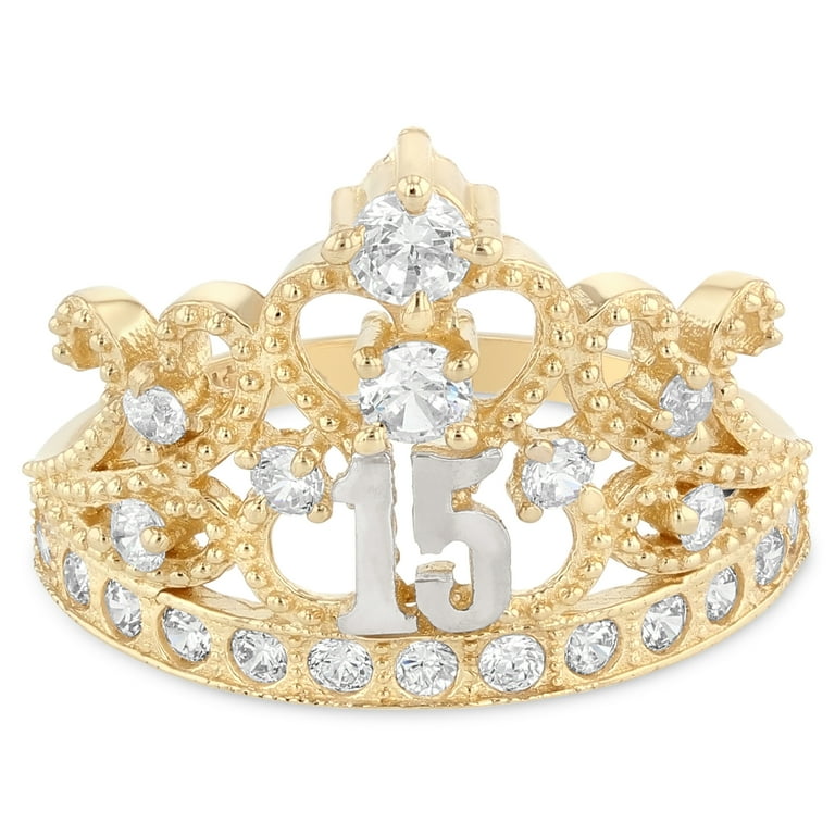Ioka 14K Solid Yellow Gold CZ 15 Years Quinceanera Birthday Crown Ring Size 9 Walmart