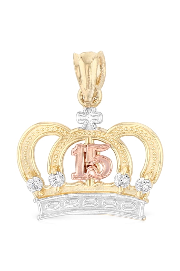 - 14K Tri Color Gold 15 Years Quinceanera Princess Crown or Tiara CZ Charm Pendant For Necklace or Chain