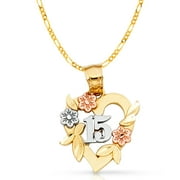 Ioka-14K Tri Color Gold 15 Years Quinceanera Years Heart Charm Pendant with 1.9mm Figaro 3+1 Chain Necklace - 16"