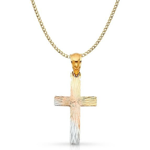 Ioka-14K Tri Color Gold Cross Stamp Charm Pendant with 3.4mm Hollow Cuban Chain Necklace - 22"
