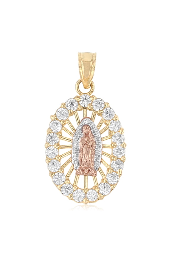 -14K Tri Color Gold Cubic Zirconia CZ Religious Our Lady of Guadalupe Charm Pendant For Necklace or Chain