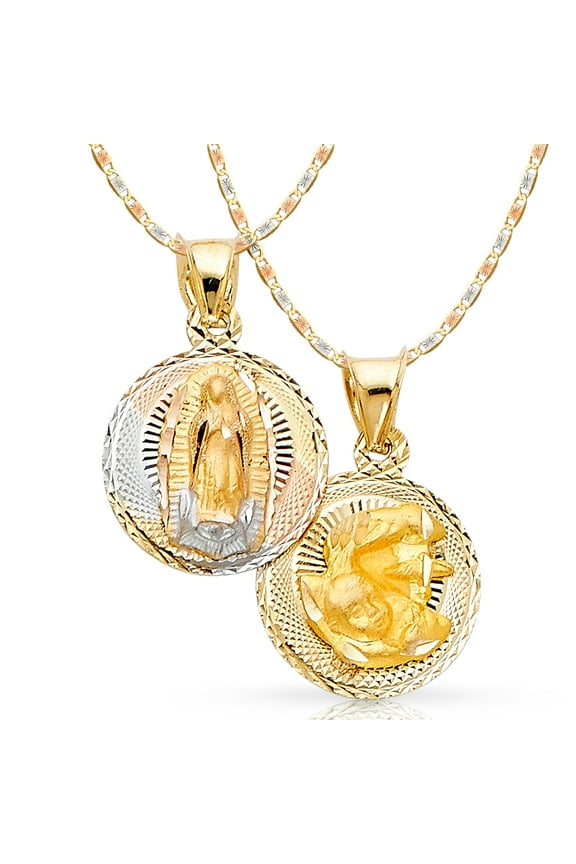 -14K Tri Color Gold Diamond Cut Double Side Stamp Virgin Mary Baptism Charm Pendant with 1.5mm Valentino Chain Necklace - 16"