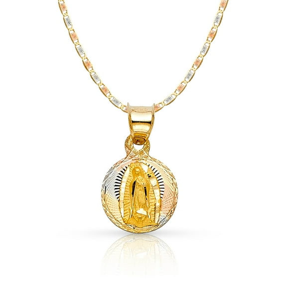 Ioka-14K Tri Color Gold Diamond Cut Our Lady of Guadalupe Stamp Charm Pendant with 1.5mm Valentino Chain Necklace - 16"