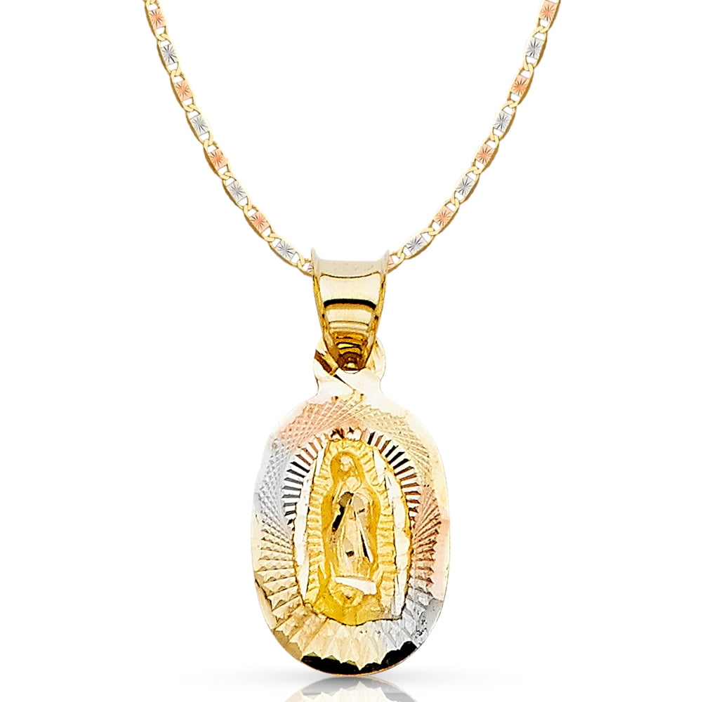 Ioka-14K Tri Color Gold Diamond Cut Our Lady of Guadalupe Stamp Charm Pendant with 1.5mm Valentino Chain Necklace - 18"