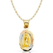 IOKA -14K Tri Color Gold Diamond Cut Our Lady of Guadalupe Stamp Charm Pendant with 1.5mm Valentino Chain Necklace - 24"