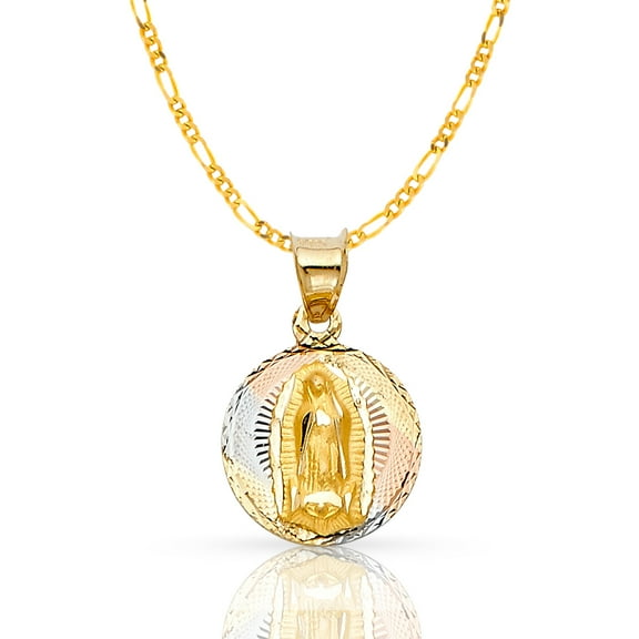 Ioka-14K Tri Color Gold Diamond Cut Our Lady of Guadalupe Stamp Charm Pendant with 1.6mm Figaro 3+1 Chain Necklace - 20"