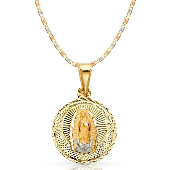 Ioka-14K Tri Color Gold Diamond Cut Our Lady of Guadalupe Stamp Charm Pendant with 2.1mm Valentino Chain Necklace - 16"