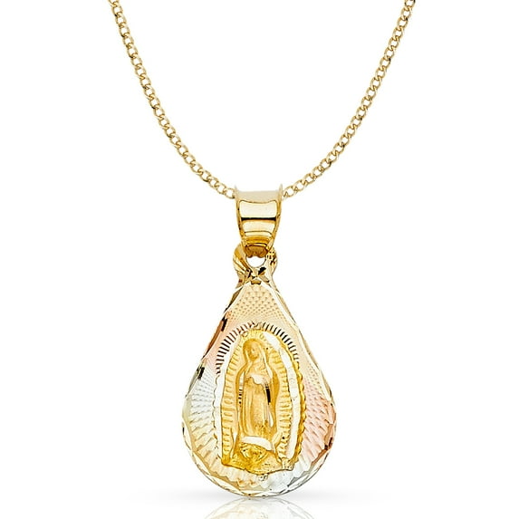 Ioka-14K Tri Color Gold Diamond Cut Our Lady of Guadalupe Stamp Charm Pendant with 2.4mm Hollow Cuban Chain Necklace - 18"