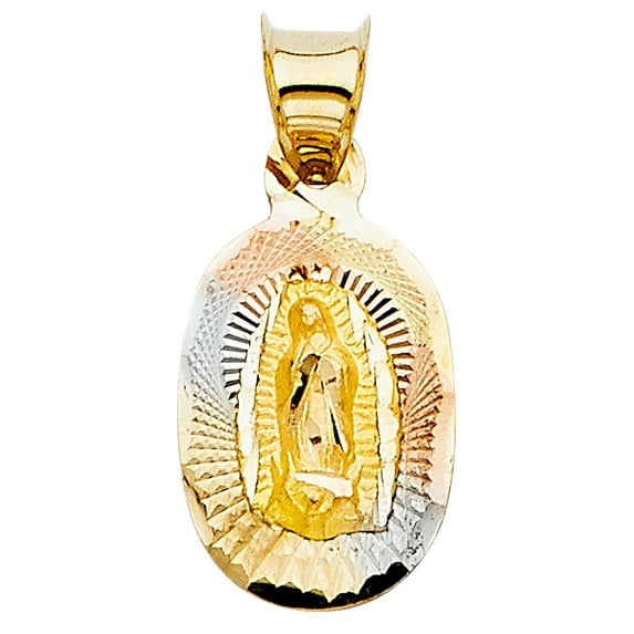 Ioka-14K Tri Color Gold Diamond Cut Our Lady of Guadalupe Stamp Religious Charm Pendant For Necklace or Chain