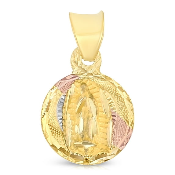 Ioka-14K Tri Color Gold Diamond Cut Our Lady of Guadalupe Stamp Religious Charm Pendant For Necklace or Chain