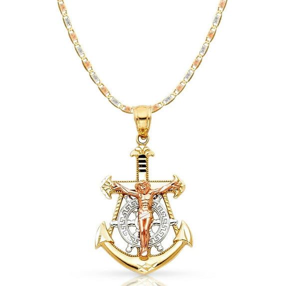 Ioka-14K Tri Color Gold Jesus Crucifix Anchor Pendant with 2.6mm Valentino Star Diamond Cut Chain Chain Necklace - 24"
