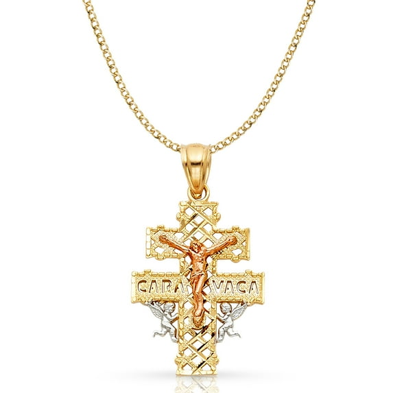 Ioka-14K Tri Color Gold Jesus Crucifix Cross of Caravaca Pendant with 2mm Hollow Cuban Bevel Chain Chain Necklace - 18"