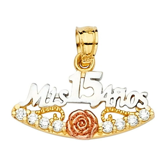 Ioka - 14K Tri Color Gold Miss 15 Anos 15 Years Quinceanera CZ Charm Pendant For Necklace or Chain