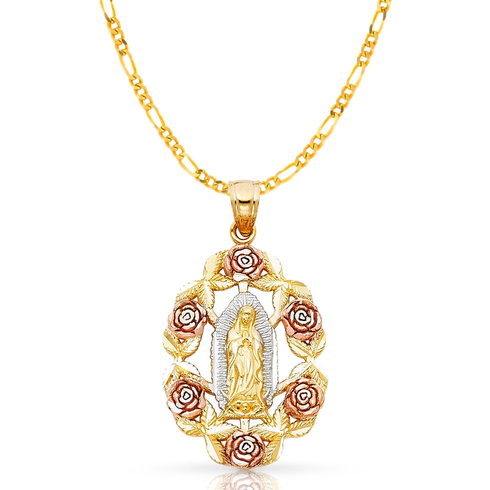 Ioka-14K Tri Color Gold Our Lady of Guadalupe Charm Pendant with 1.9mm ...