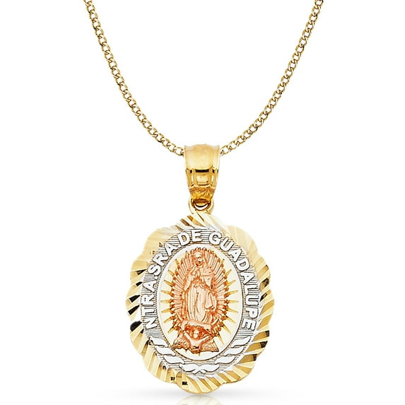 Ioka-14K Tri Color Gold Our Lady of Guadalupe Charm Pendant with 4.3mm Hollow Cuban Chain Necklace - 20"