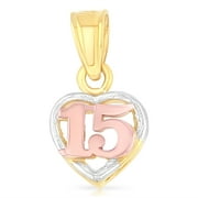 Ioka-14K Tri Color Gold Sweet 15 Years Quinceanera Heart Charm Pendant For Necklace or Chain