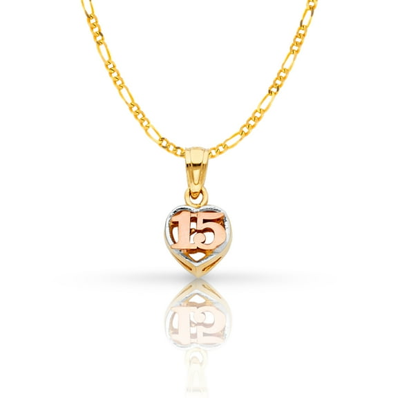 Ioka-14K Tri Color Gold Sweet 15 Years Quinceanera Heart Charm Pendant with 1.2mm Figaro 3+1 Chain Necklace - 16"