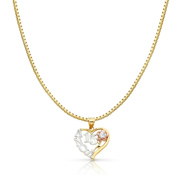 Ioka-14K Tri Color Gold Sweet 15 Years Quinceanera Heart Charm Pendant with 1mm Box Chain Necklace - 18"
