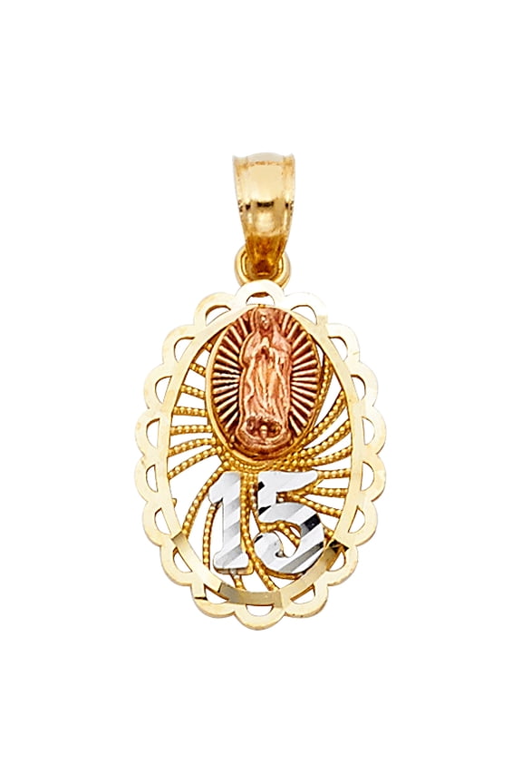 -14K Tri Color Gold Sweet 15 Years Quinceanera Virgin Mary Round Charm Pendant For Necklace or Chain