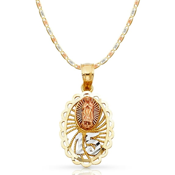 Ioka-14K Tri Color Gold Sweet 15 Years Quinceanera Virgin Mary Round Charm Pendant with 2.1mm Valentino Chain Necklace - 22"