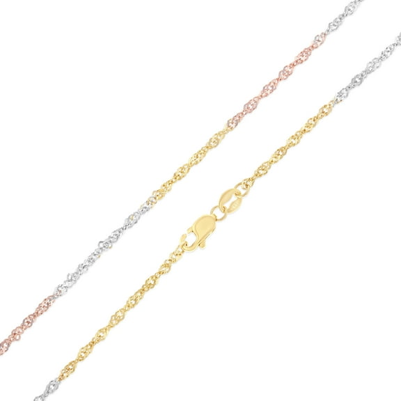 Ioka - 14K Tri Color Solid Gold 1.5mm Singapore Chain Necklace with Lobster Clasp - 16"