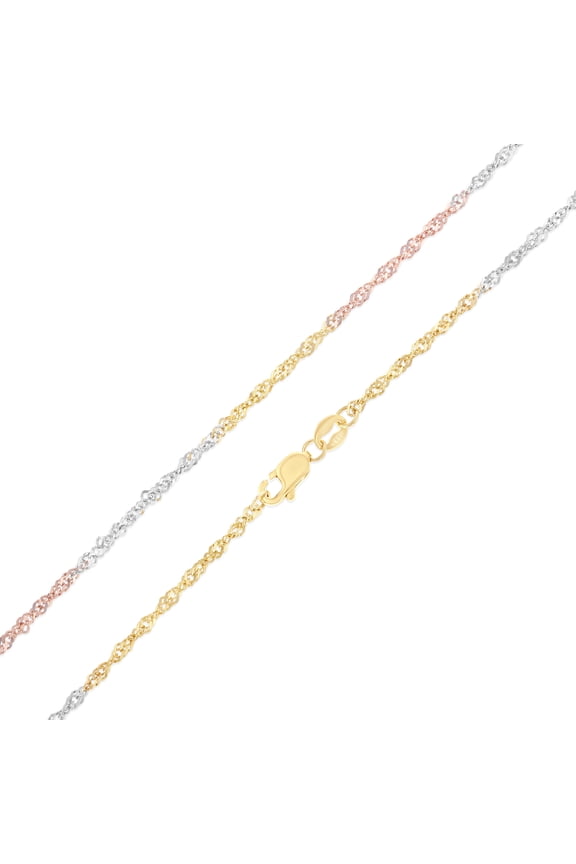 - 14K Tri Color Solid Gold 1.5mm Singapore Chain Necklace with Lobster Clasp - 22"