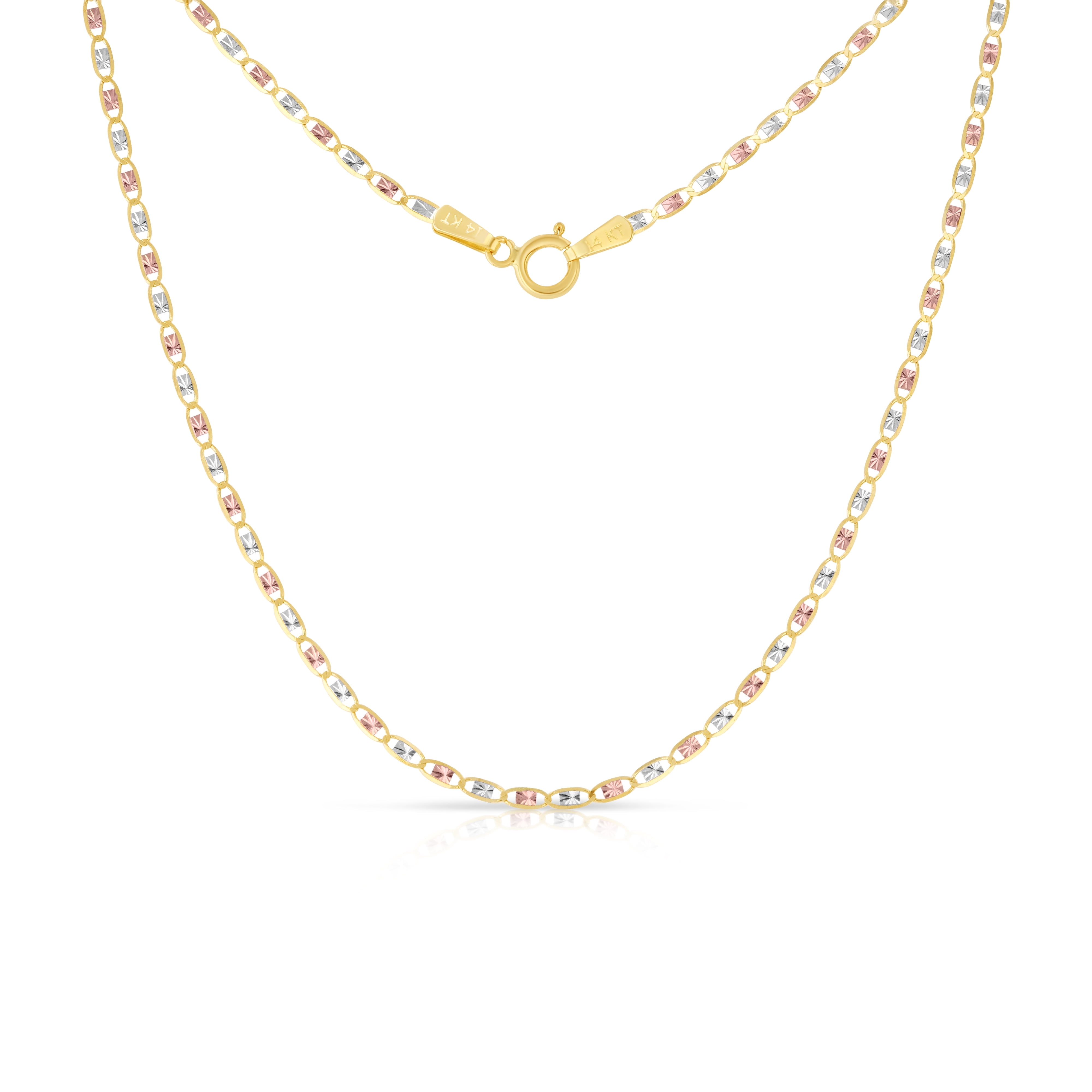 Ioka - 14K Tri Color Solid Gold 1.5mm Valentino Chain Necklace with Spring Ring Clasp - 20"