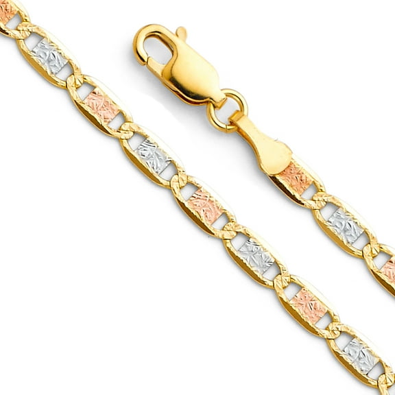 Ioka - 14K Tri Color Solid Gold 3.3mm Valentino Chain Bracelet with Lobster Clasp - 7.5"