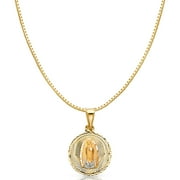 IOKA -14K Tri Color Solid Gold Diamond Cut Our Lady of Guadalupe Stamp Religious Charm Pendant with 1mm Box Chain Necklace - 16"