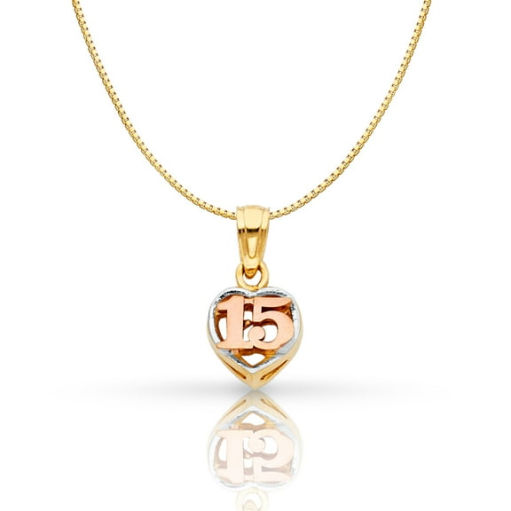 Ioka-14K Tri Color Solid Gold Sweet 15 Years Quinceanera Heart Charm Pendant with 0.8mm Box Chain Necklace - 16"