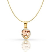Ioka-14K Tri Color Solid Gold Sweet 15 Years Quinceanera Heart Charm Pendant with 0.8mm Box Chain Necklace - 20