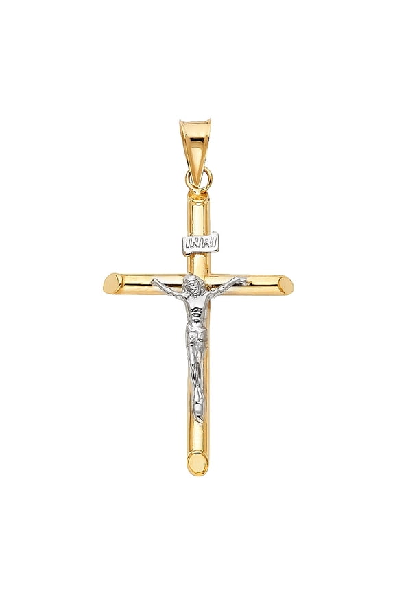 -14K Two Tone Gold Crucifix Cross Religious Charm Pendant For Necklace or Chain