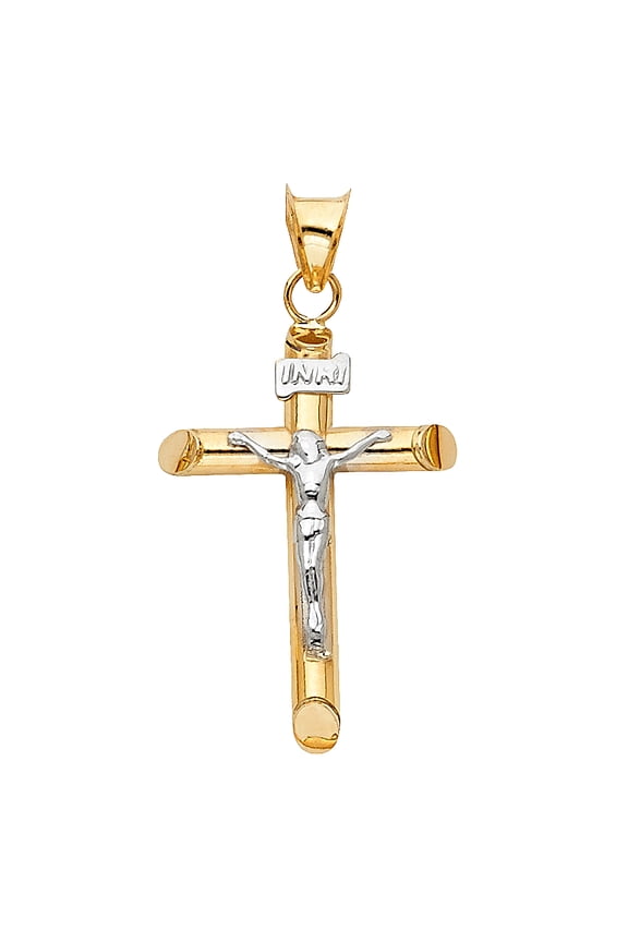 -14K Two Tone Gold Crucifix Cross Religious Charm Pendant For Necklace or Chain