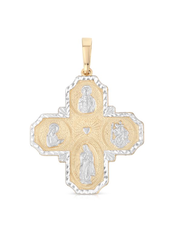 - 14K Two Tone Gold Jesus Christ Four-Way Cross Religious Square Edge Charm Pendant For Necklace or Chain