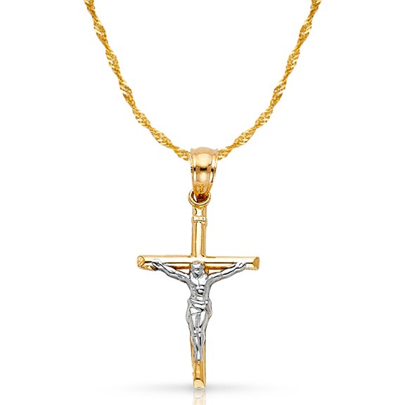 Ioka-14K Two Tone Gold Jesus Crucifix Cross Pendant with 1.2mm Singapore Chain Chain Necklace - 24"