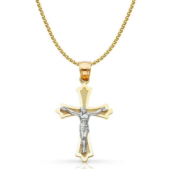 Ioka-14K Two Tone Gold Jesus Crucifix Cross Pendant with 1.4mm Flat Open Wheat Chain Chain Necklace - 24"
