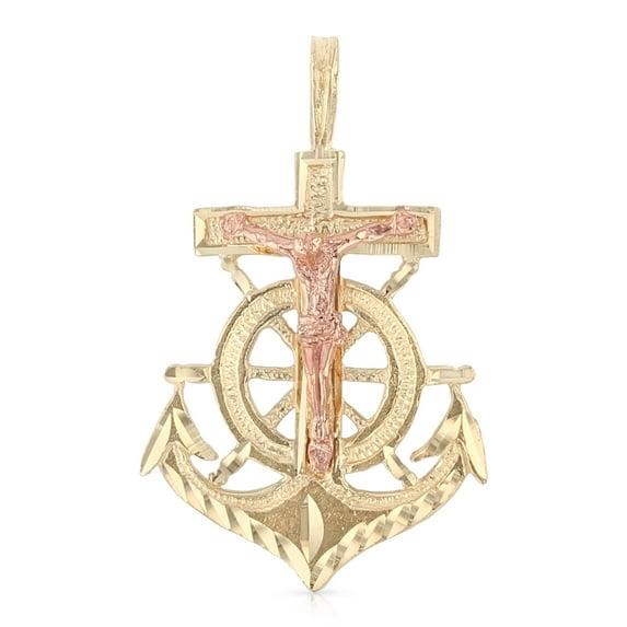 Ioka-14K Two Tone Gold Religious Crucifix Anchor Charm Pendant For Necklace or Chain