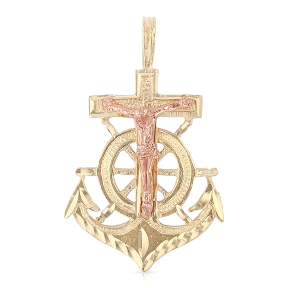 Ioka-14K Two Tone Gold Religious Crucifix Anchor Charm Pendant For Necklace or Chain