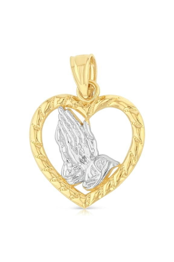 -14K Two Tone Gold Religious Praying Hands in Heart Charm Pendant For Necklace or Chain