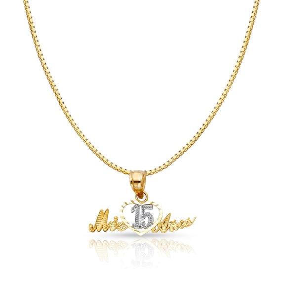 Ioka-14K Two Tone Gold Sweet 15 Years Quinceanera Heart Mis 15 Anos Charm Pendant with 0.8mm Box Chain Necklace - 18"