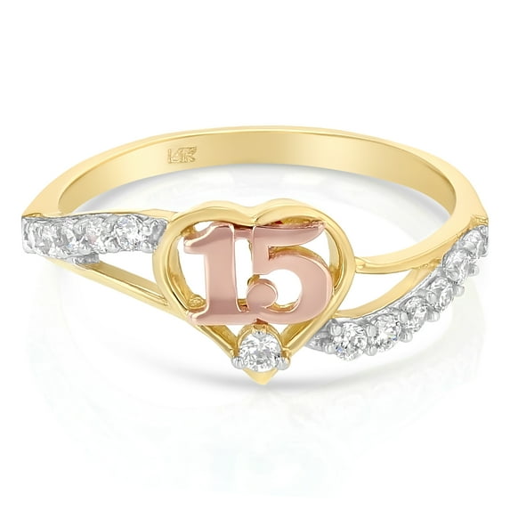 Ioka - 14K Two Tone Solid Gold 15 Years Birthday CZ Heart Quinceanera Ring - Size 4.5