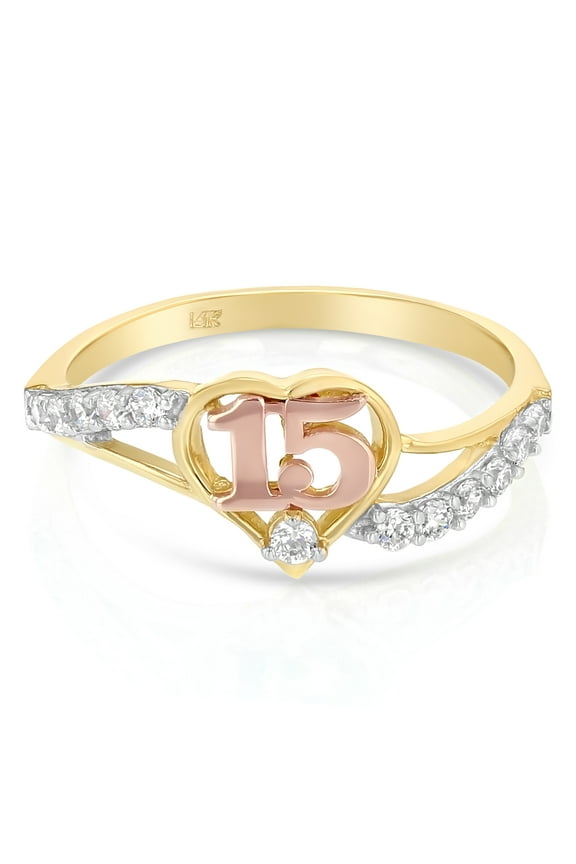 - 14K Two Tone Solid Gold 15 Years Birthday CZ Heart Quinceanera Ring - Size 8