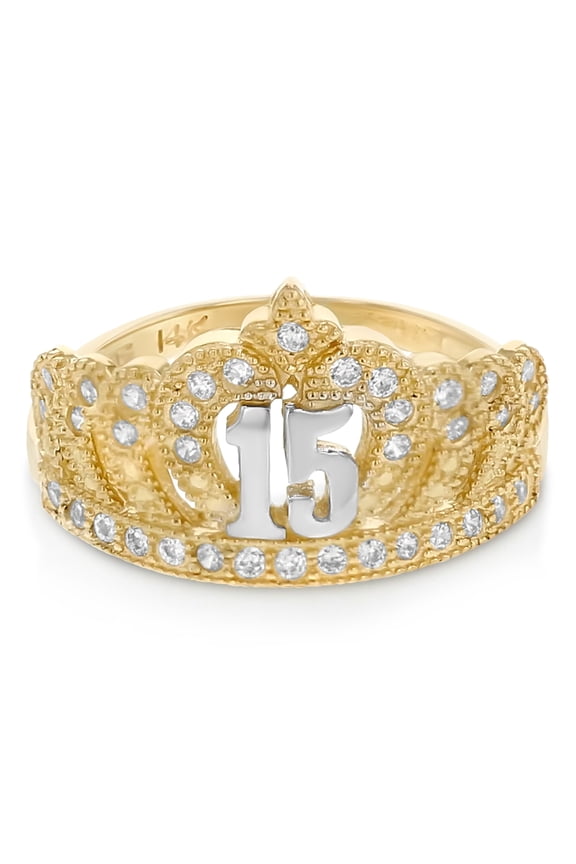 - 14K Two Tone Solid Gold CZ 15 Years Birthday Princess Quinceanera Ring - Size 4.5