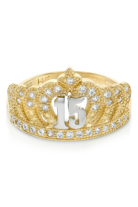 - 14K Two Tone Solid Gold CZ 15 Years Birthday Princess Quinceanera Ring - Size 6.5