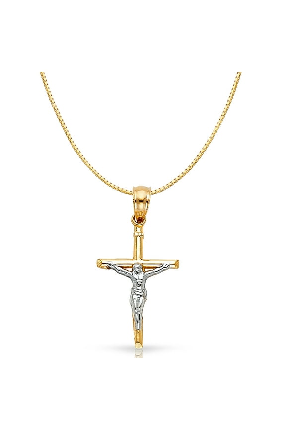 -14K Two Tone Solid Gold Jesus Crucifix Cross Religious Charm Pendant with 0.8mm Box Chain Necklace - 20"