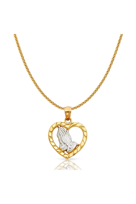 -14K Two Tone Solid Gold Praying Hands in Heart Charm Pendant with 1.1mm Wheat Chain Necklace - 18"