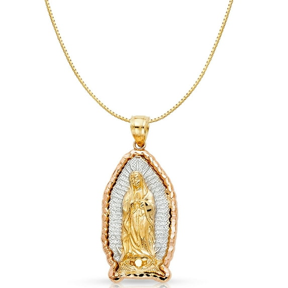 Ioka-14K Two Tone Solid Gold Religious Our Lady of Guadalupe Charm Pendant with 0.6mm Box Chain Necklace - 22"